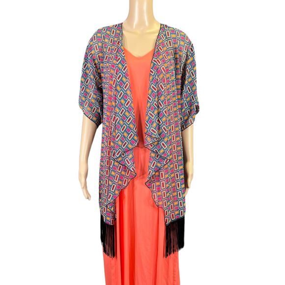 LulaRoe Womens Kimono Shawl Shrug Wrap Sheer Geo Print Fringe Trimmed Small - Picture 2 of 7